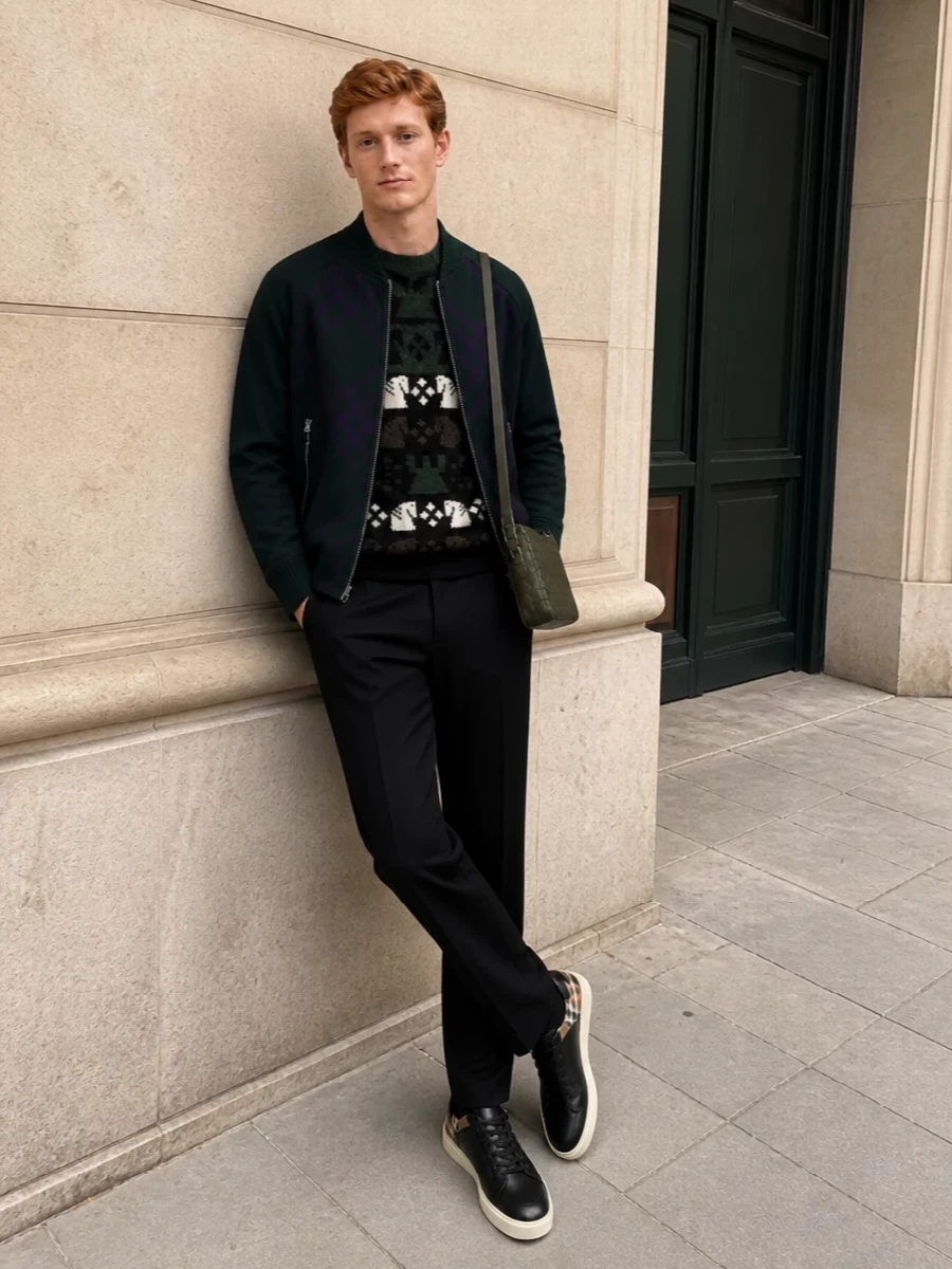 Burberry bomber jacket black trousers outfit