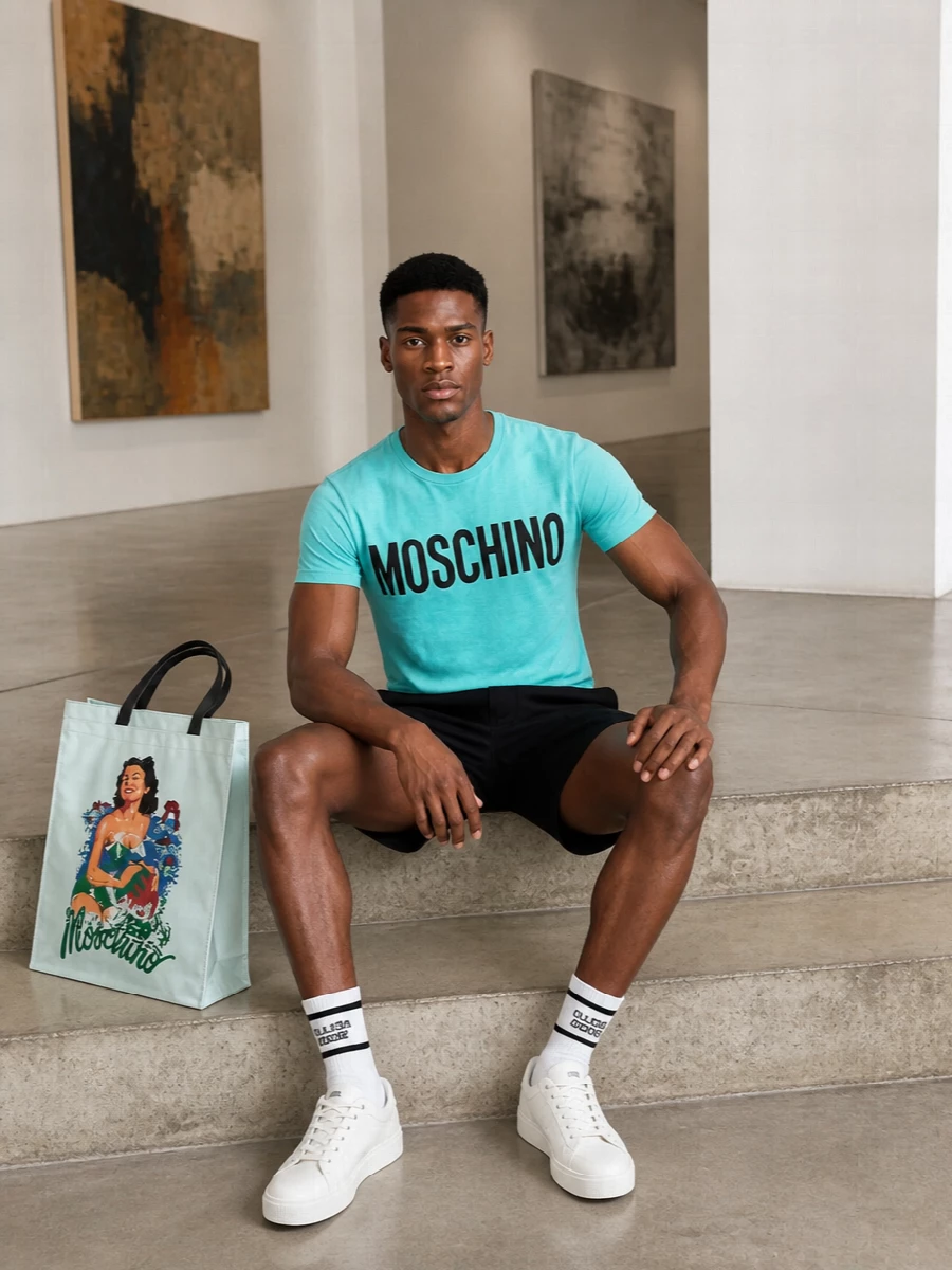 Moschino turquoise tshirt black shorts outfit