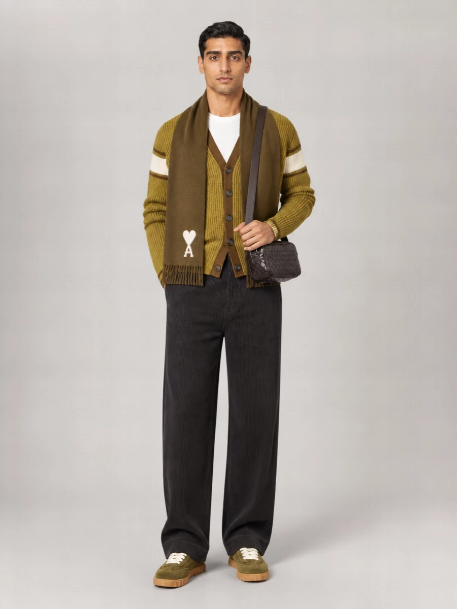 Ami Paris Ribbed V-Neck Wool Cardigan