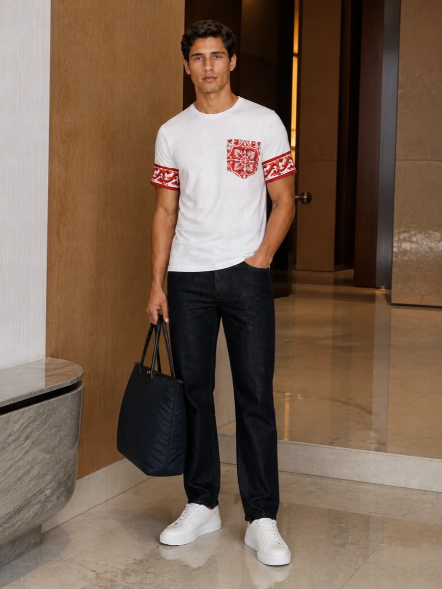 Dolce&Gabbana’s baroque tee sits on deep indigo Brunello Cucinelli denim for a mix of Italian attitude and clean, regular lines. McQueen’s white sneakers echo the tee’s base and keep the mood street but restrained. A padded Thom Browne tote finishes it with quiet structure and just enough contrast to feel considered without crowding the print.