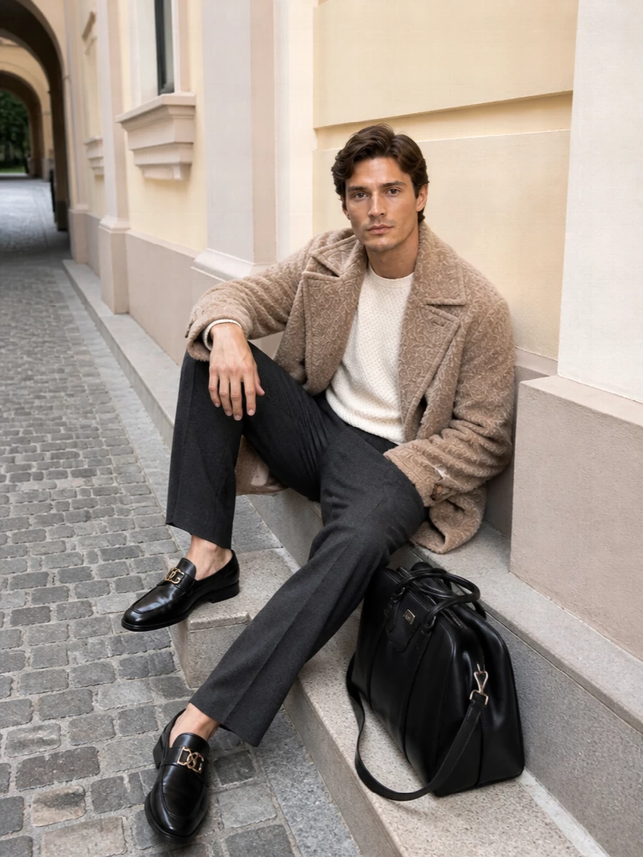 Dolce gabbana camel coat charcoal trousers outfit