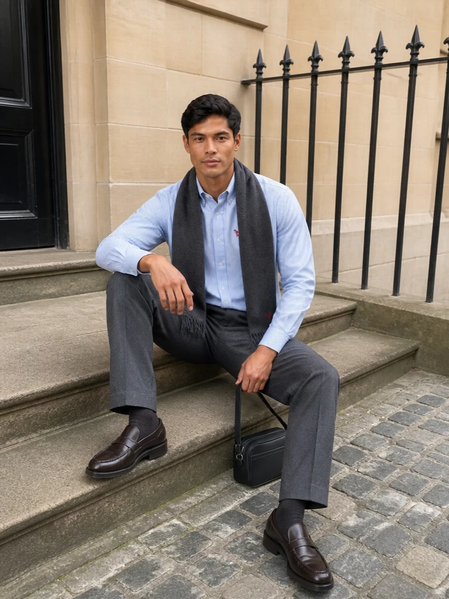 Ami paris striped shirt charcoal trousers outfit