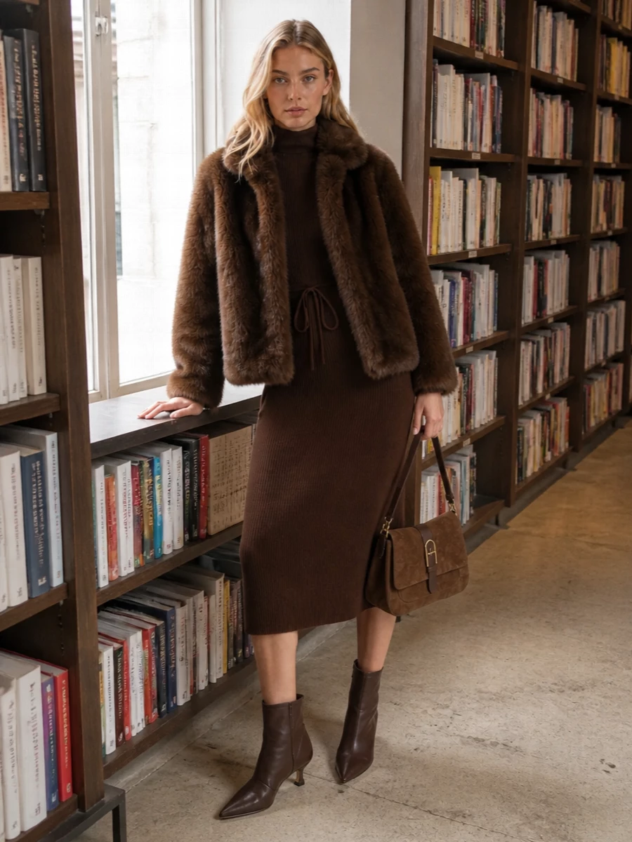Apc brown knit dress faux fur jacket outfit