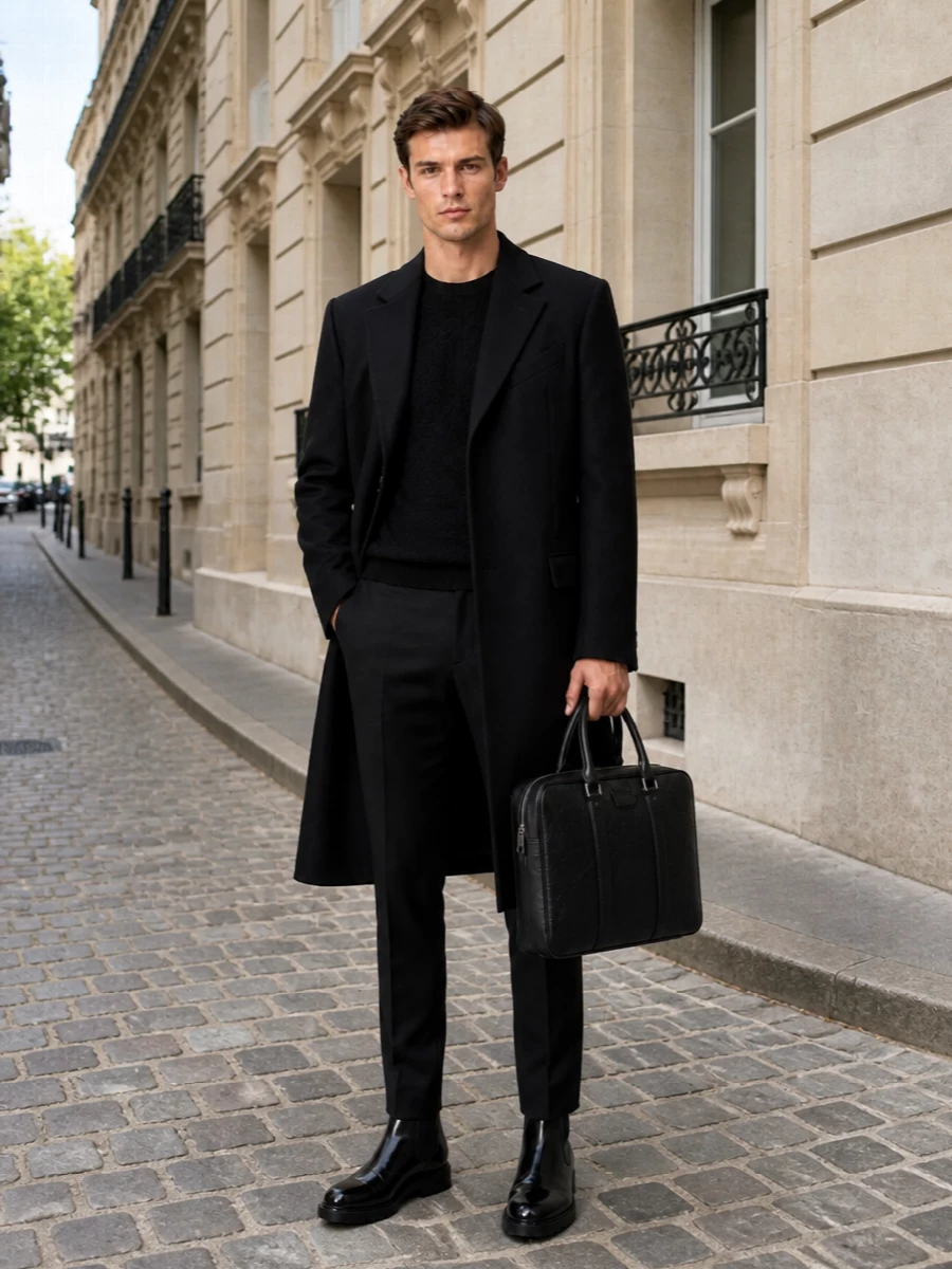 Givenchy black coat tailored trousers chelsea boots