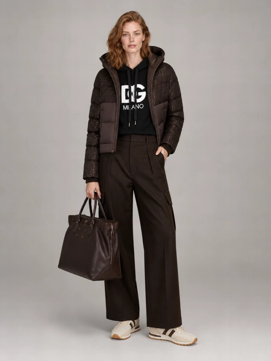 I’m building around the Fendi puffer as a street-led winter statement, so pairing a cropped logo hoodie with wide-leg cargos feels truer to its attitude than forcing it over a dress. The deep brown and black base, with cream accents at the sneaker, keeps the palette rich but tight, while the oversized Margiela tote leans into that off-duty, on-the-move energy. It is a relaxed but unmistakably designer streetwear set that reads modern without trying too hard.