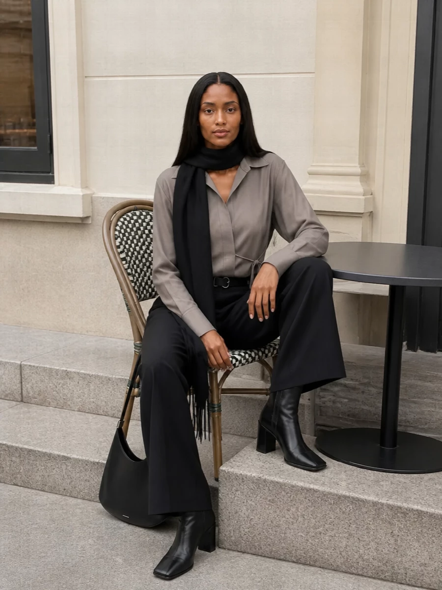 A cool taupe-grey shirt meets high-rise black wide-leg tailoring for a precise, elongated silhouette that feels calm yet assured. Sleek black sock boots and a sculptural crescent bag keep the lines clean and architectural. A fine black scarf adds winter depth while staying firmly in the quiet, minimalist register.
