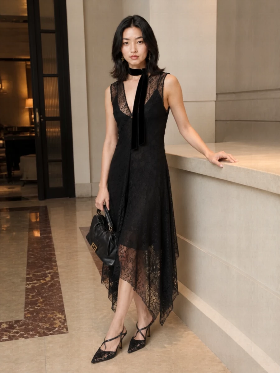 Fendi black lace cocktail dress stilettos