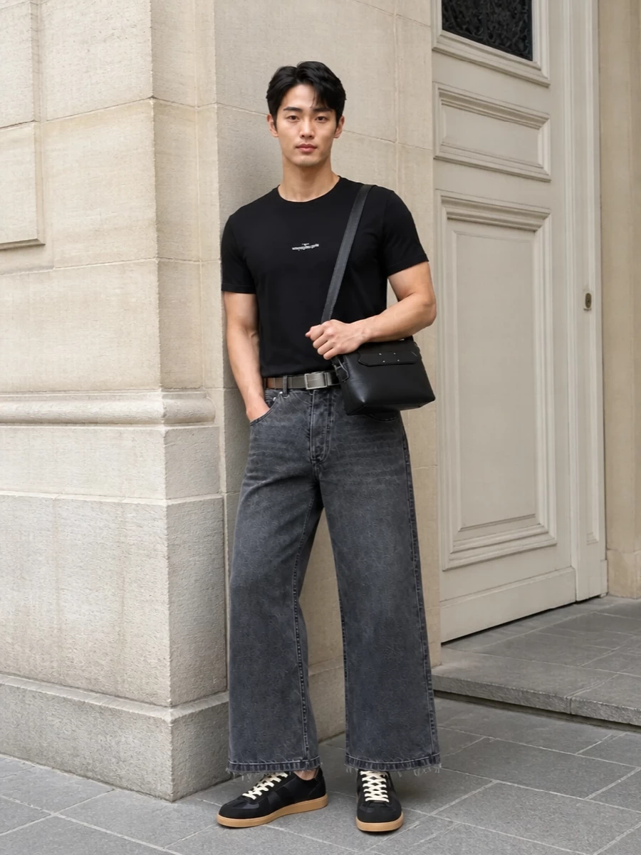 A black Margiela tee and washed charcoal wide-leg denim create a monochrome base that feels relaxed but deliberate, all about cut and proportion rather than noise. Charcoal gum-sole sneakers keep the line clean and low-key, while a folded black shoulder bag and a finely detailed belt add just enough structure for city days that drift into late evenings. It is an easy uniform for someone who likes their streetwear precise and their branding whispered, not shouted.