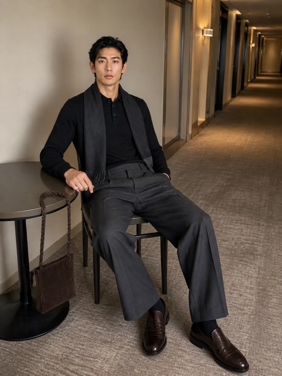 Studio nicholson wide leg trouser knit polo outfit