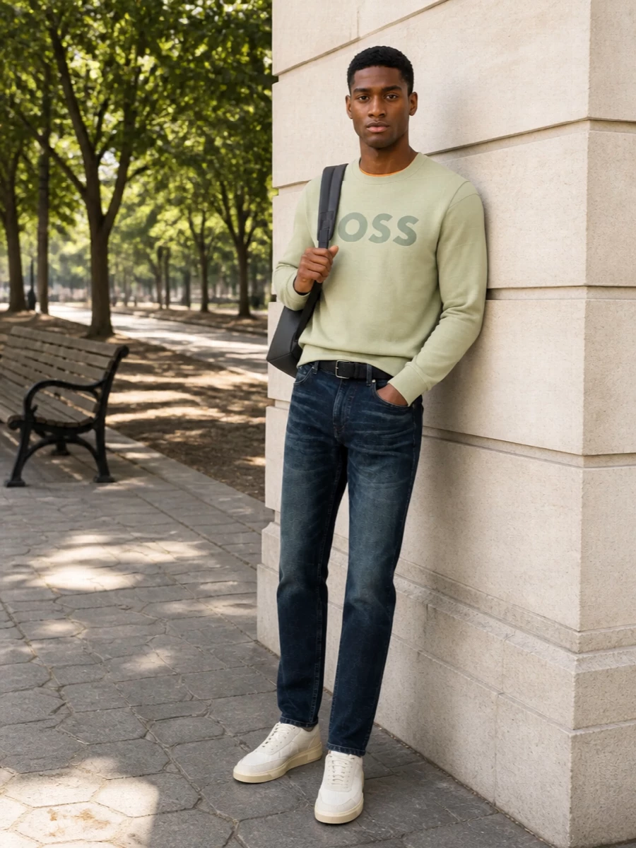 Boss sage sweatshirt dark jeans neutral sneakers