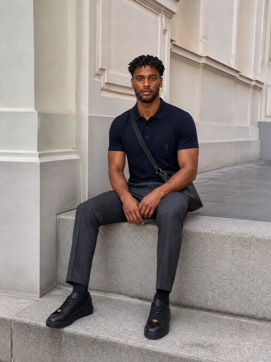Inky navy and charcoal grey keep the palette tight and understated, giving the Saint Laurent polo a quietly precise backdrop rather than a contrast. The Jil Sander trouser sharpens the line just enough, while the black Valentino sneakers and Loewe crossbody maintain a clean, modern attitude that feels right for city dinners, gallery afternoons or low-key client meetings. It is relaxed in ease but disciplined in detail, the kind of uniform that reads considered without ever feeling dressed up for its own sake.
