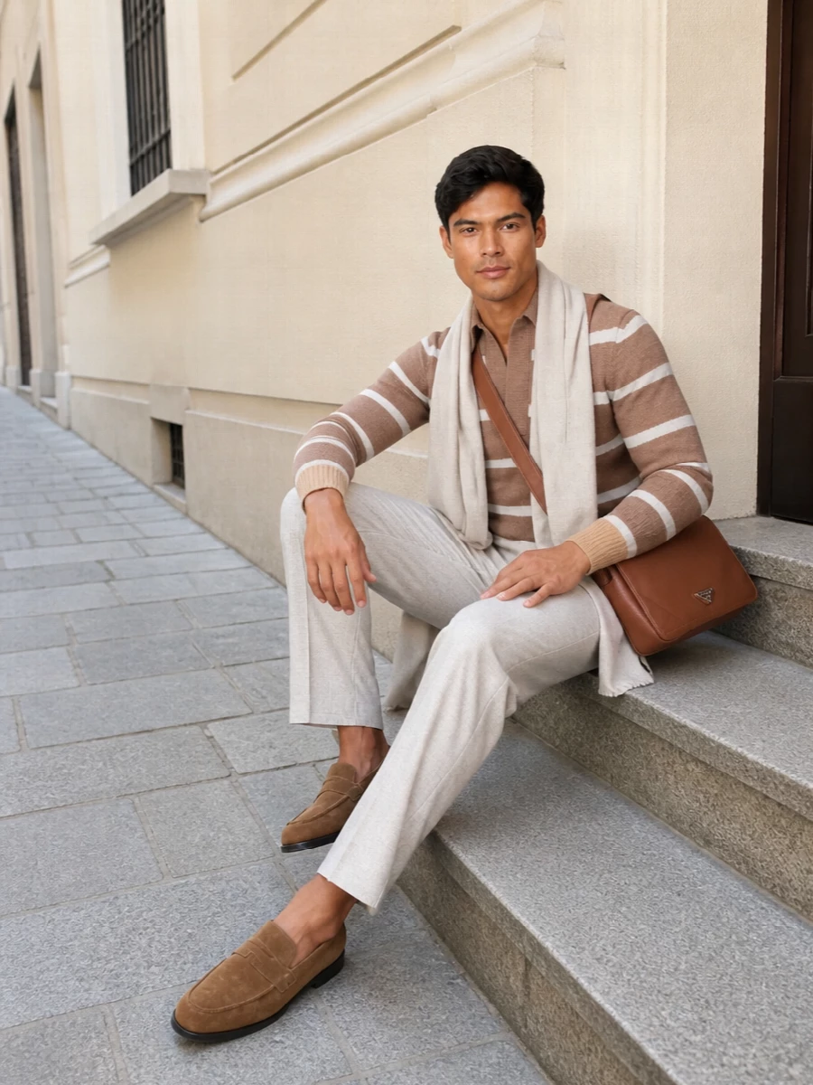 A study in warm neutrals, this pairing lets the taupe striped knit polo sit against light beige tailoring for a clean, elongating line. Camel suede loafers and a tan leather crossbody ground the palette without breaking its softness. A cream-bordered scarf adds a subtle frame at the neckline, keeping the whole combination relaxed yet precise for city days and informal dinners alike.