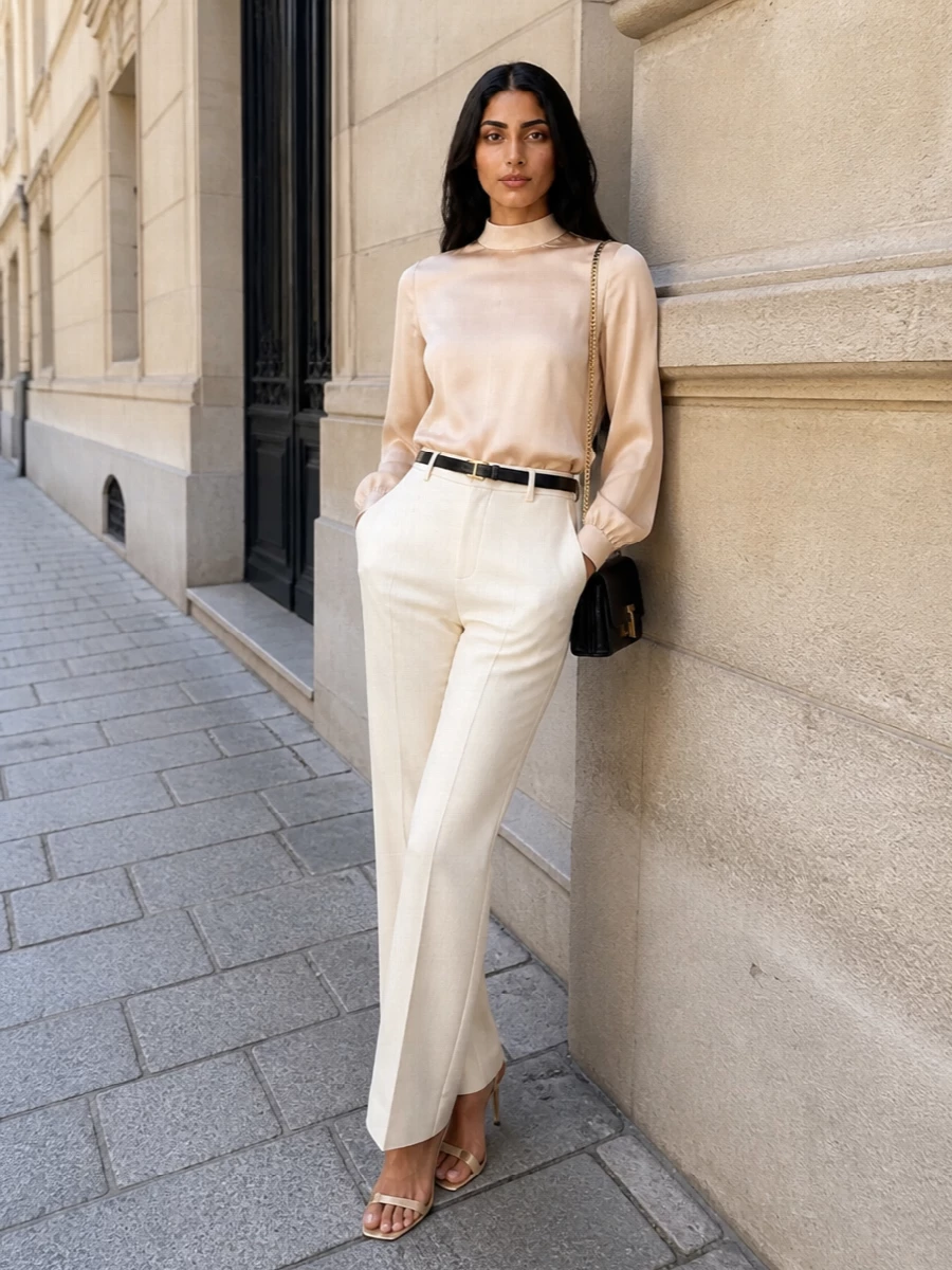 Tom ford champagne blouse ivory tailored trousers