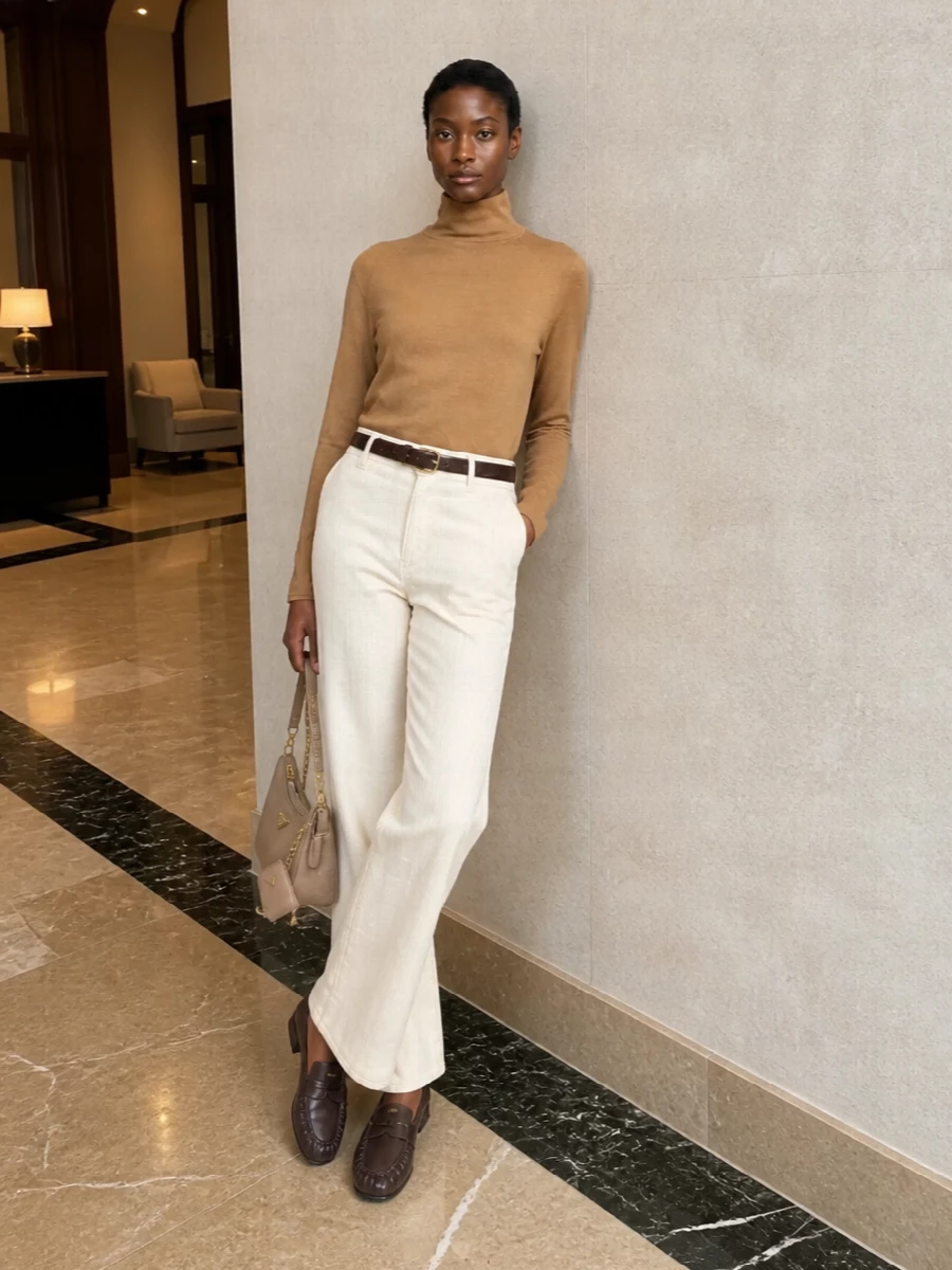 Kiton cream corduroy trousers camel turtleneck
