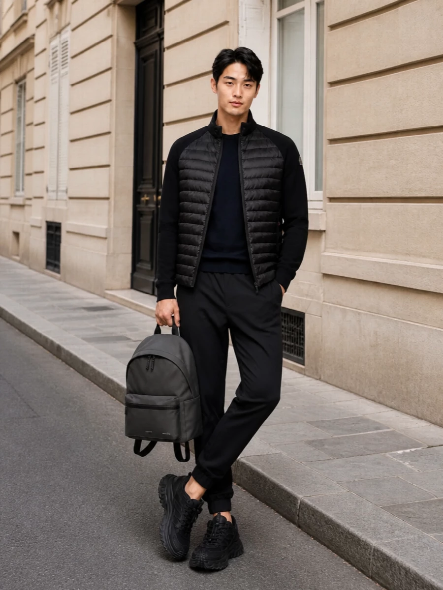 Moncler grenoble bomber track pants outfit
