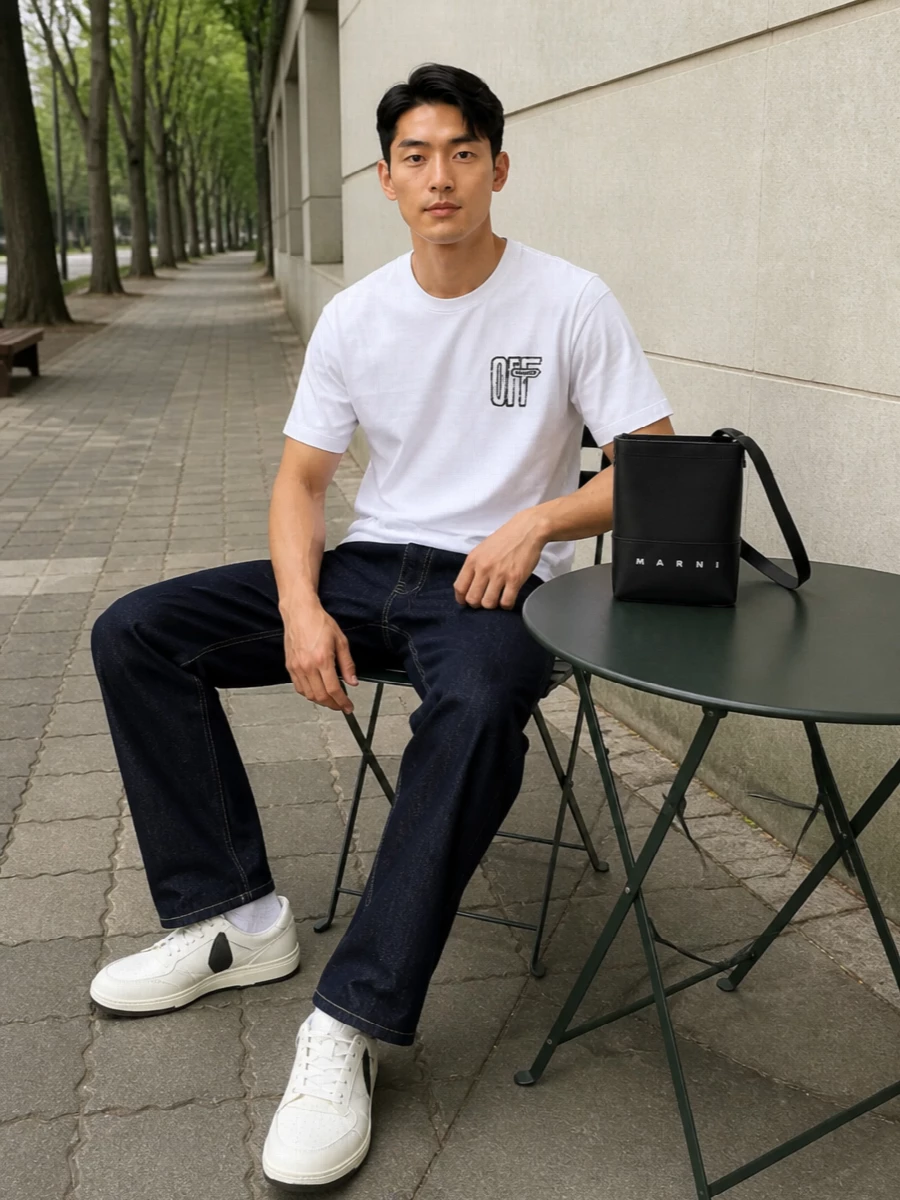Off white tee dark indigo jeans outfit