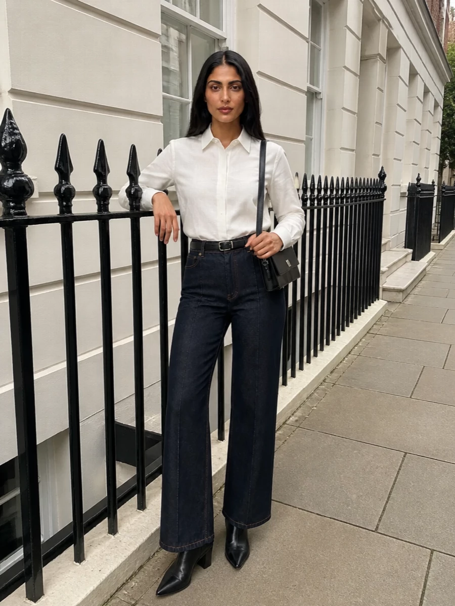 Max mara tailored dark jeans ivory shirt