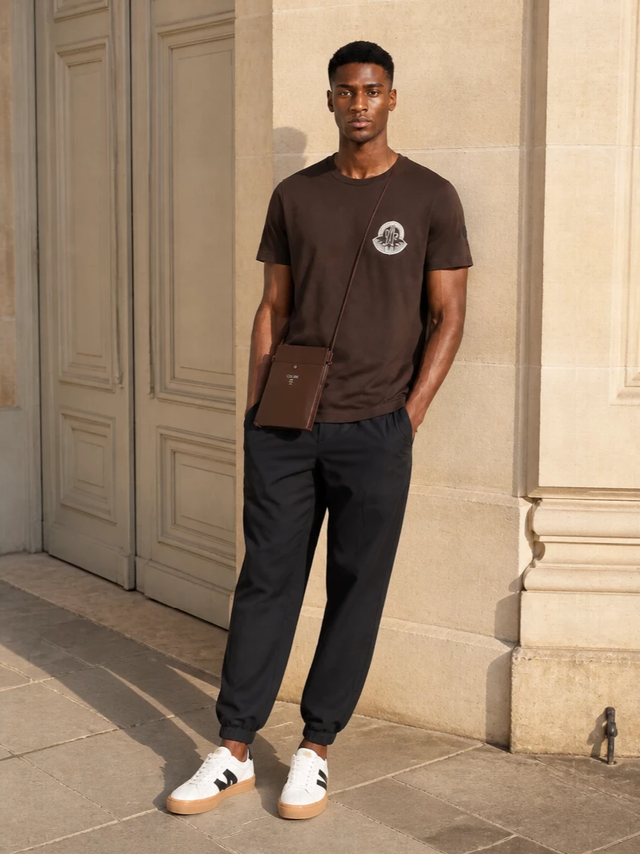 This look leans into Moncler’s quiet sport energy: the dark chocolate logo tee grounded by clean black tapered track pants for a streamlined, off-duty silhouette. White leather court sneakers sharpen the base and pick up the tee’s logo, while the slim chocolate Celine crossbody echoes the top tonally, giving the outfit a polished, minimal finish that still feels relaxed and modern for SS city wear or travel days.