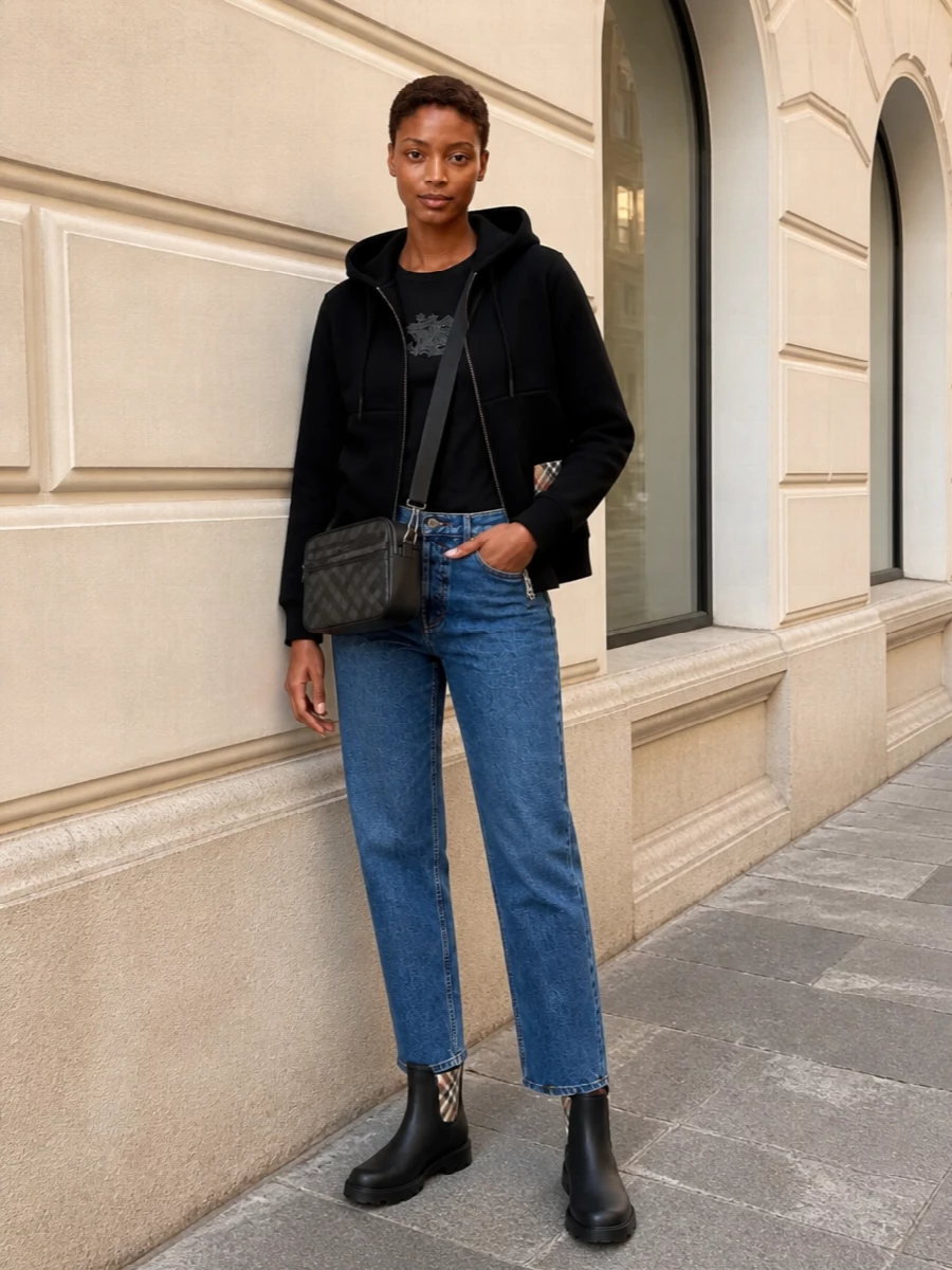 Burberry hoodie jeans outfit rain boots