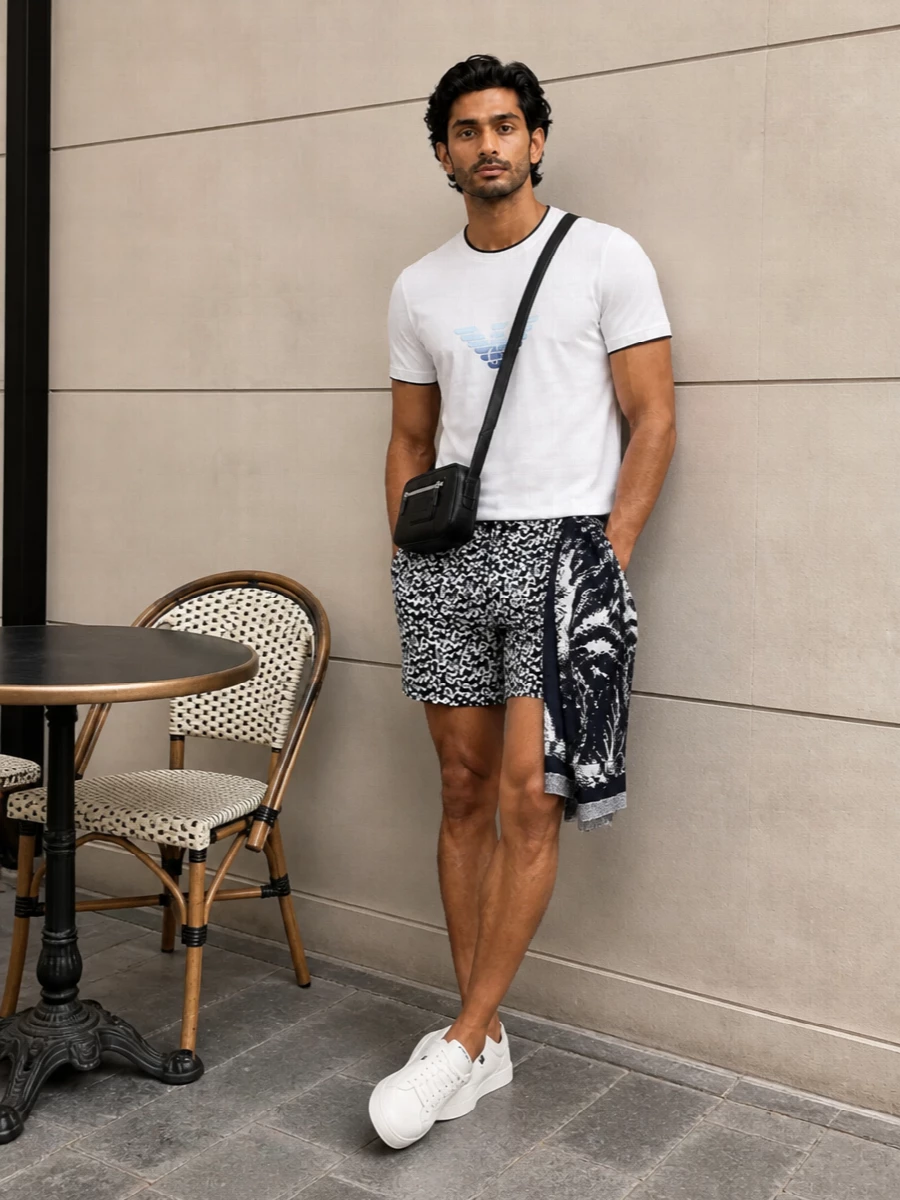 Graphic deck shorts stay sharp with a clean white Armani tee and crisp off-white sneakers, keeping the whole palette tight to navy and chalk. A compact black crossbody and tonal scarf bring just enough attitude and function for city strolls or beach-club afternoons without crowding the silhouette.
