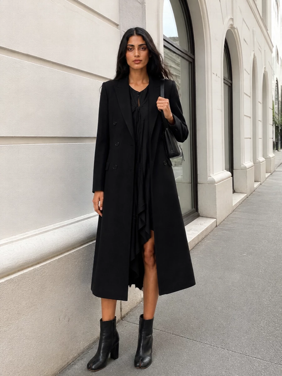 Maison margiela black coat asymmetric dress outfit