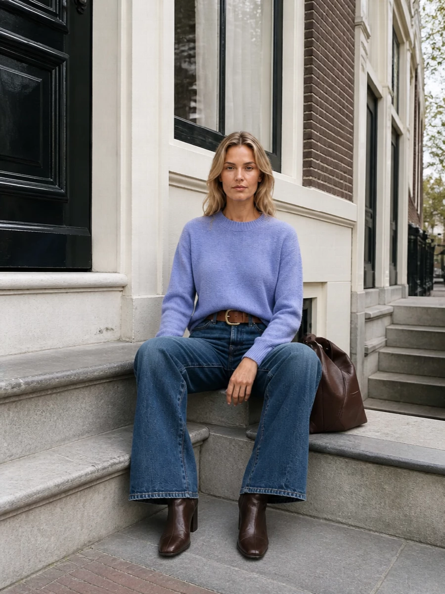 High-rise wide-leg denim meets a soft periwinkle knit for a cool, unfussy take on quiet luxury. Burnished ankle boots and a sculptural brown shoulder bag deepen the palette while keeping the mood understated. A tan belt sharpens the waist so the wide leg reads intentional rather than slouchy.