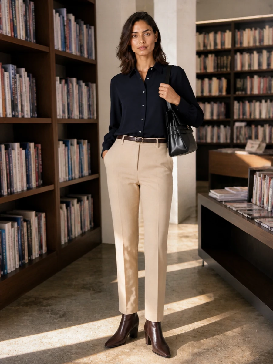 Moschino beige trousers navy shirt prada boots
