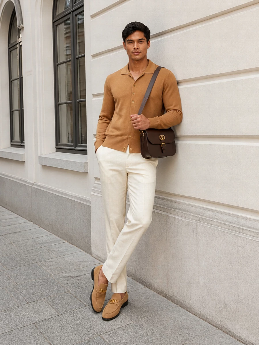 Versace camel cardigan cream tailored trousers