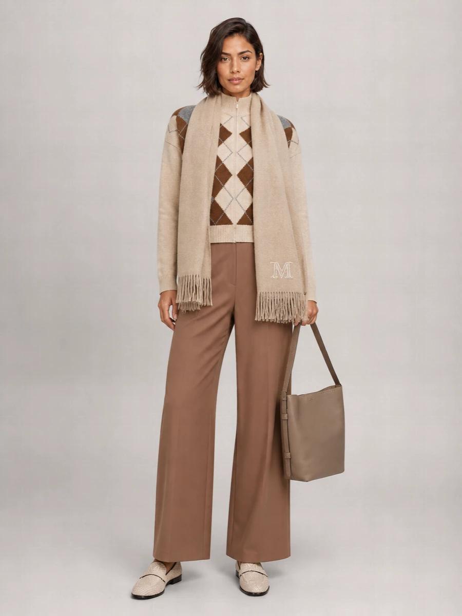 S Max Mara Cashmere Wool Argyle Jacquard High Neck Cardigan