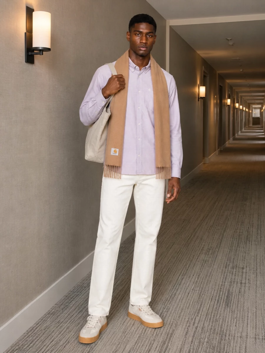 Soft lilac on top with clean off‑white straight legs creates a light, modern take on workwear that still feels easy for daily wear. Off‑white gum‑sole sneakers and a stone canvas tote keep the palette calm and minimal, while the camel scarf adds just enough warmth for colder city days. The result is street‑leaning but quietly polished, ideal for anything from campus to casual office and weekend runs.