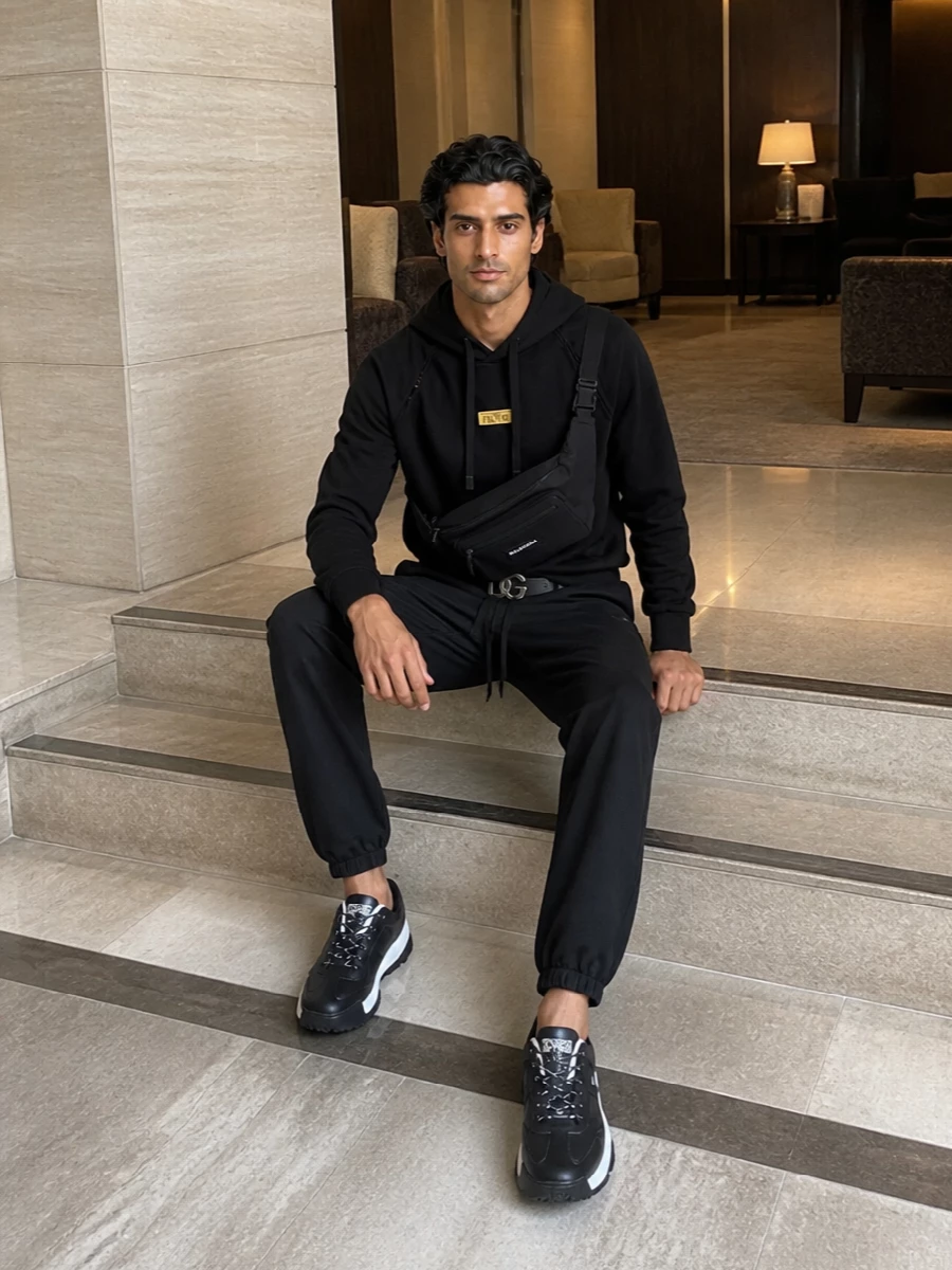Versace black joggers hoodie sneakers outfit