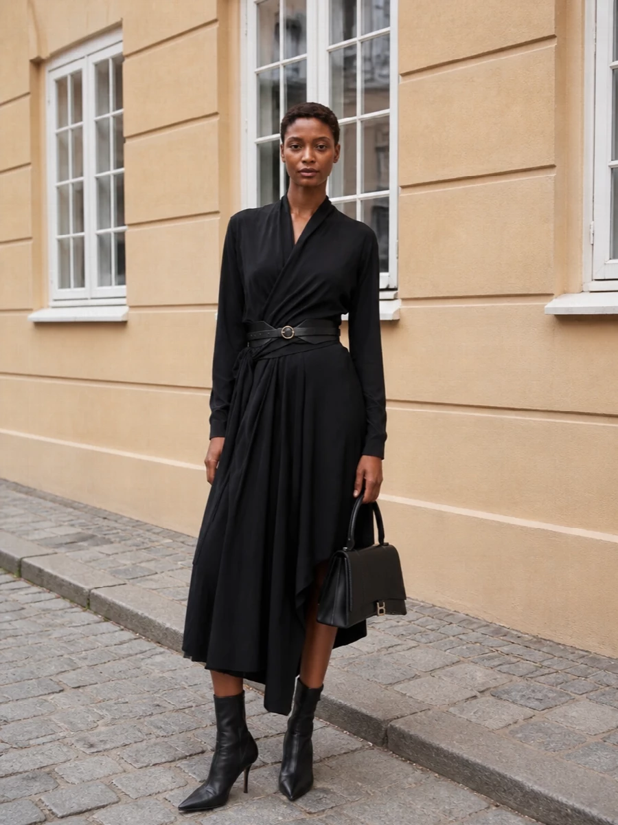 Balenciaga black wrap midi dress evening outfit