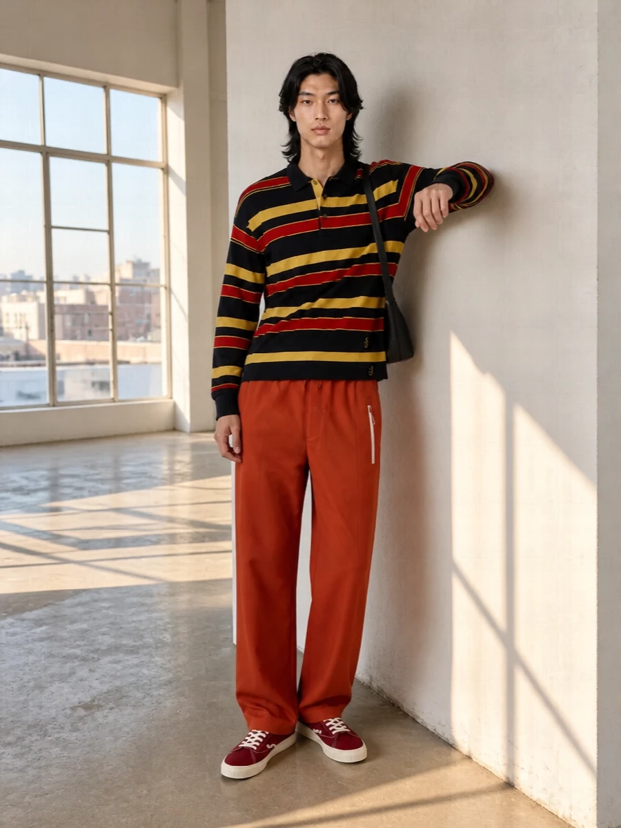 Graphic rugby stripes meet clean terracotta for a summer outfit that feels bold but still easy to wear. The canvas sneakers quietly echo the reds up top, while the minimal black bag keeps the whole mix grounded and city-sharp. It is sporty, slightly preppy and very modern streetwear without tipping into costume.
