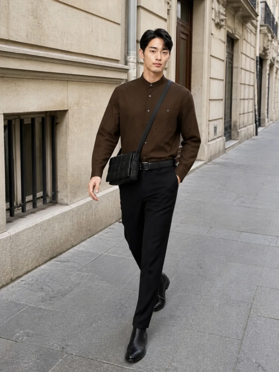 Bottega veneta chocolate shirt black trousers
