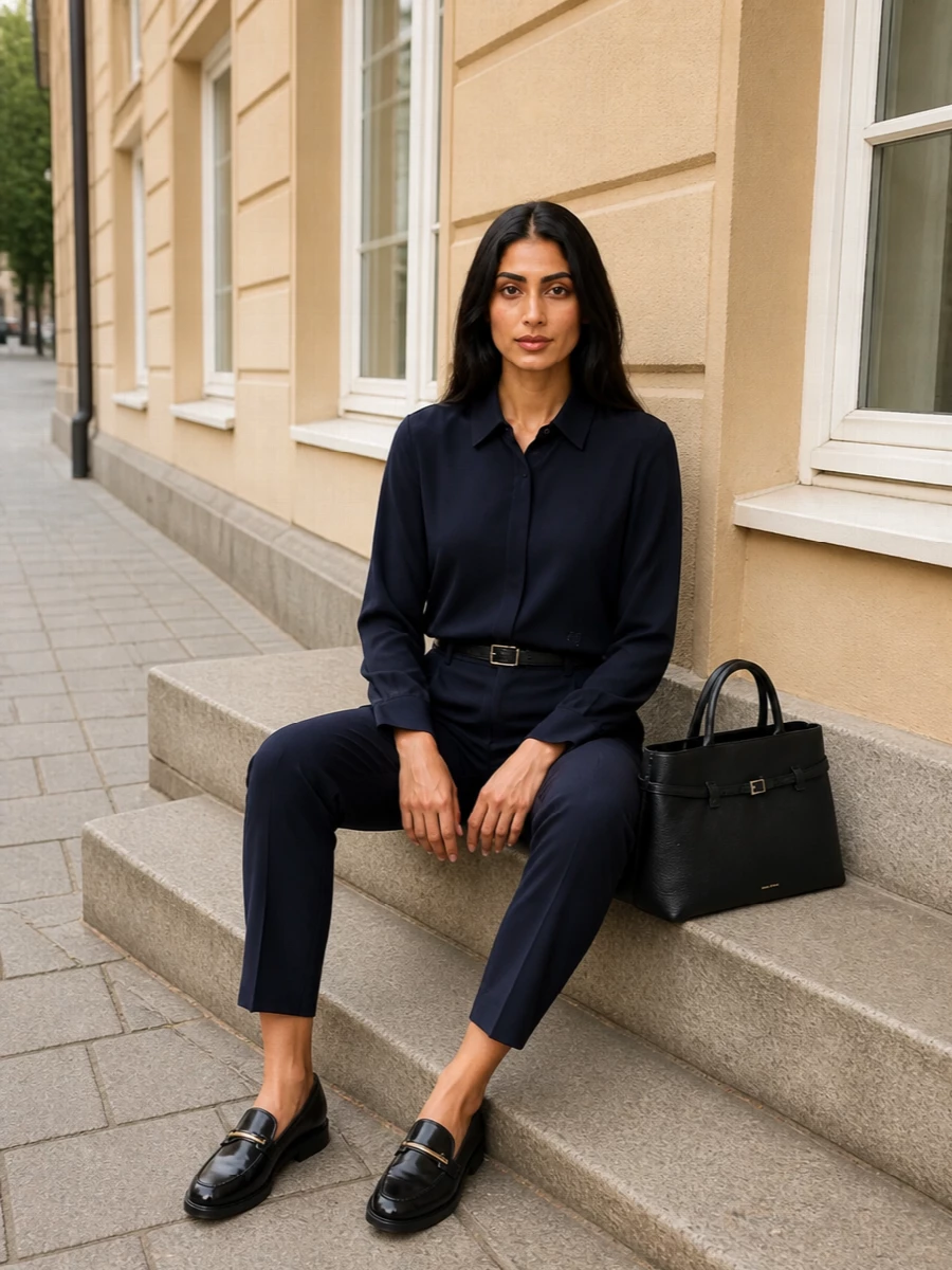 Max mara navy trousers outfit tods loafers
