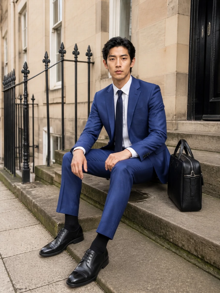 Hugo slate blue suit black derby shoes