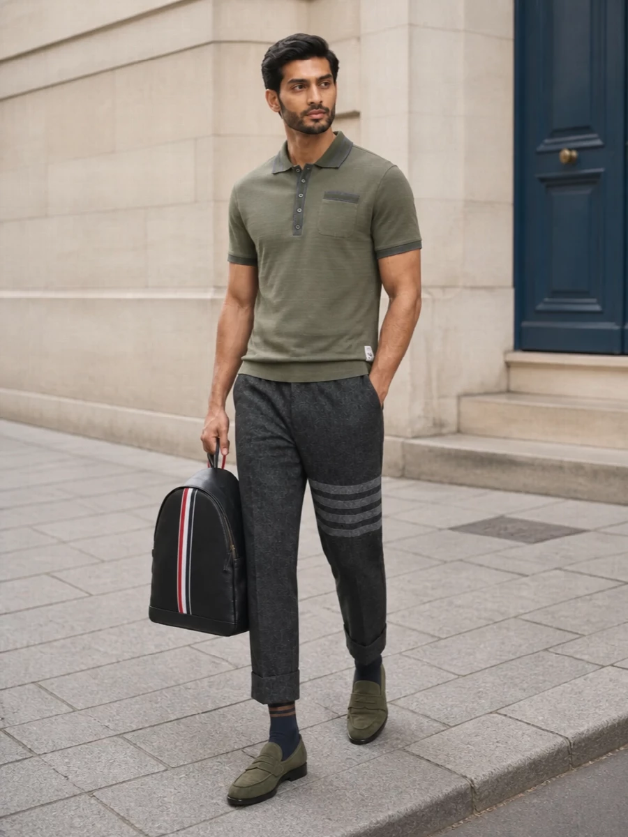 This look pairs the olive knit polo with cropped charcoal four‑bar trousers for a clean, tailored take on off-duty dressing that sits firmly in the Thom Browne universe. Olive suede loafers echo the knit for a refined tone-on-tone story, while the structured tricolour-detailed backpack and playful yet polished socks finish the outfit with discreet branding and quiet-luxury ease. It’s an intelligent, modern city uniform that feels considered without ever looking overdone.