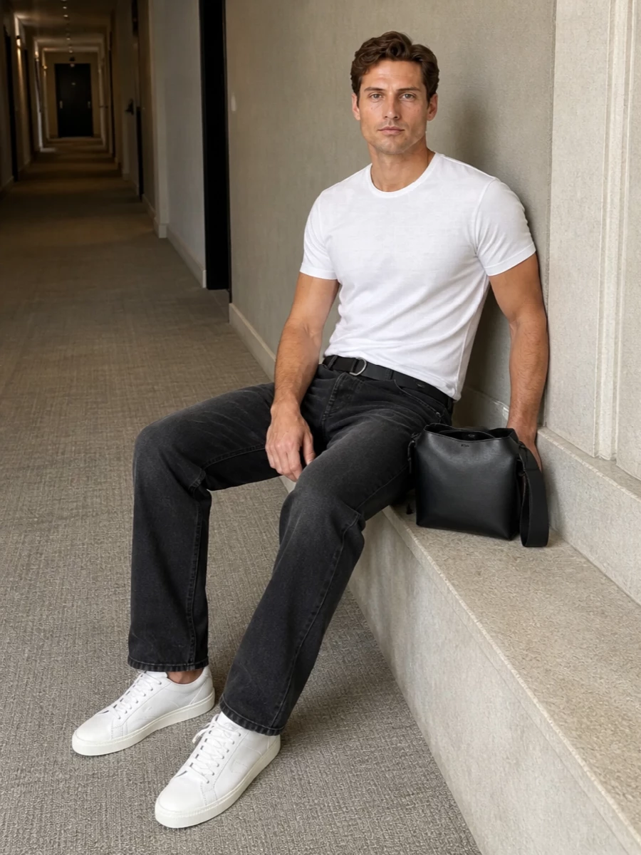 A crisp white Acne tee sits against subtly faded black straight-leg denim for a minimal, city-ready uniform that feels quietly confident. Clean white Saint Laurent sneakers keep the line sharp and light, while the compact Acne bag and discreet Prada belt add structure without disturbing the calm palette. It is a precise off-duty combination that moves easily from daytime errands to low-key dinners.