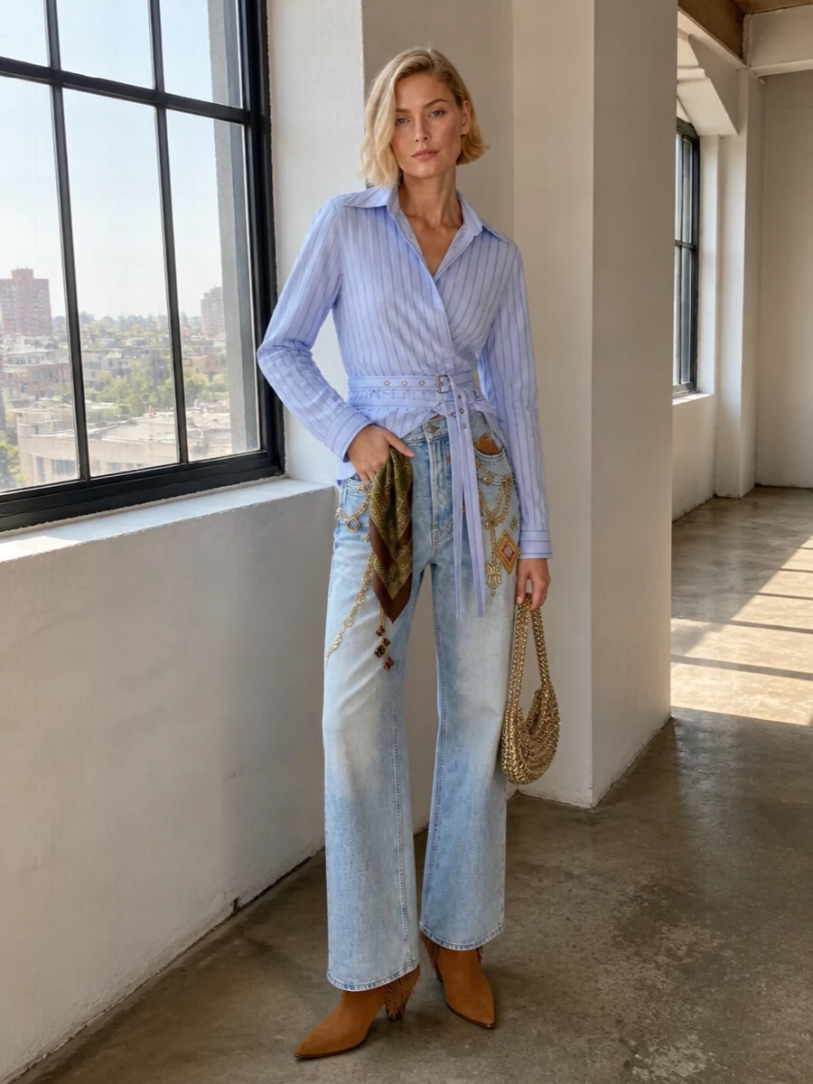 Statement denim meets modern boho tailoring here, with the wrapped, belted shirt softening the jeans’ couture-level hardware while still showing off that high waist. Tan suede fringe boots and a molten gold shoulder bag pull out the antique metal and scarf tones, giving the whole outfit a warm, Western-tinged glamour that feels ready for gallery nights or fashion-week streets. Keep jewelry minimal so the jeans and chainmail bag stay the main story.