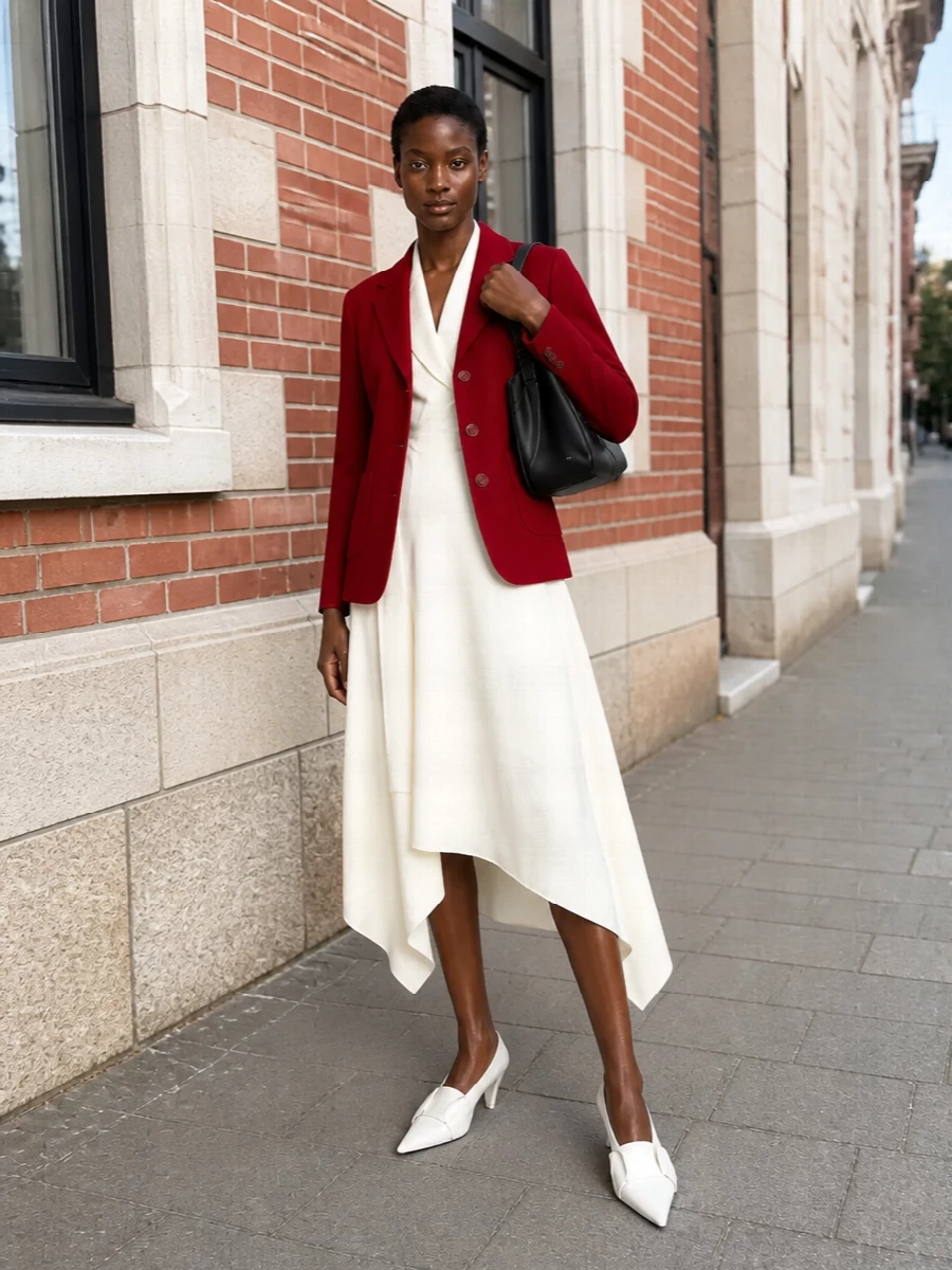 I am pairing the crimson Loewe blazer with the ivory wrap shirt dress to let the jacket read as the confident color statement against a light, tailored base, rather than fighting with more tailoring on top. White sculptural slingbacks and a structured black tote keep the story sharp and office-to-dinner ready, with black accessories quietly tying back to the blazer’s formality. The result is a precise, modern take on red suiting energy, translated into dress-and-jacket form for warm-weather polish.