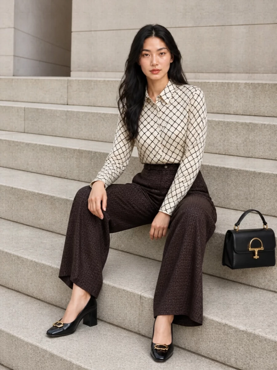 A graphic ivory-and-black chain print meets deep espresso jacquard for a composed, tailored outfit that reads confidently polished. The high-waisted wide leg and tucked shirt create a long, clean line, while black block-heel pumps and a structured top-handle bag quietly echo the gold chain details. It is precise enough for client meetings and still refined for cocktails afterward with only a jewelry shift needed.