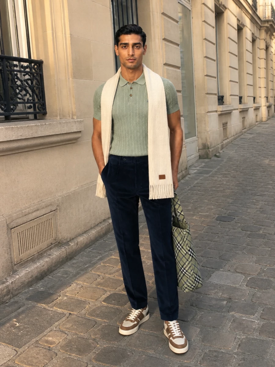 Sage cable knit sits cleanly over ink‑navy corduroy, giving a collegiate mix of texture and colour that feels relaxed yet put together. Cream and tobacco sneakers keep the mood soft and modern, while the sage‑checked tote and pale scarf tie the greens and neutrals into one quiet, considered story.