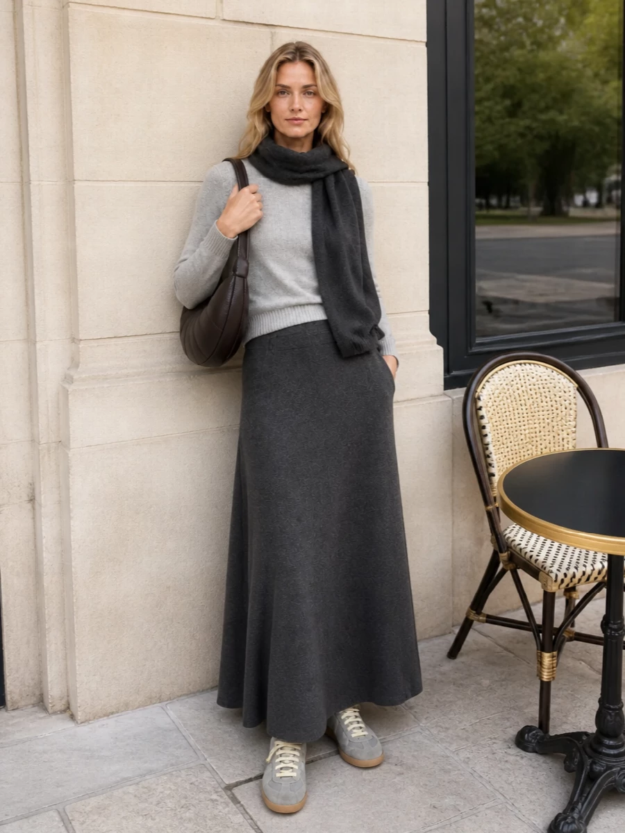Lisa yang grey sweater charcoal maxi skirt outfit
