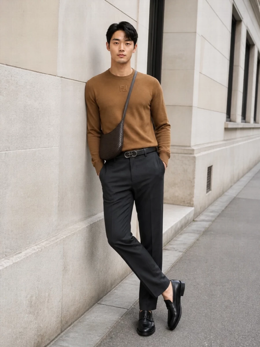 Fendi camel sweater charcoal trousers outfit