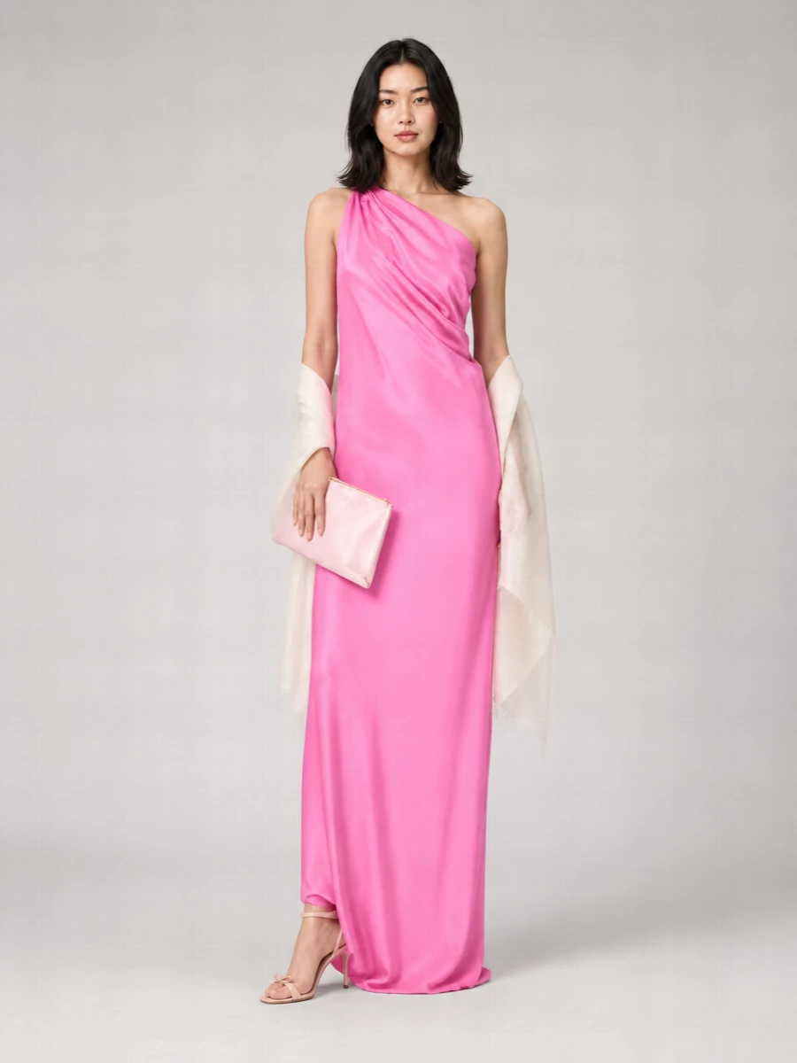 Max Mara Silk Satin One-Shoulder Gathered Maxi Dress