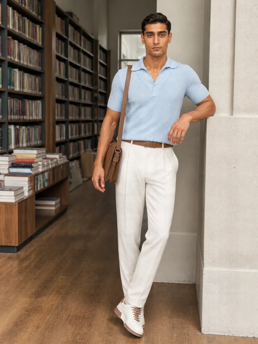 A pale blue textured knit set against crisp ivory tailoring creates a clean, Riviera-ready palette that feels relaxed but still city appropriate. White sneakers with taupe detailing and a camel suede belt keep the mood low-key and polished, while the tan shoulder bag adds just enough warmth for day-long wear. It is an easy, modern way to dress up soft color without tipping into formality.