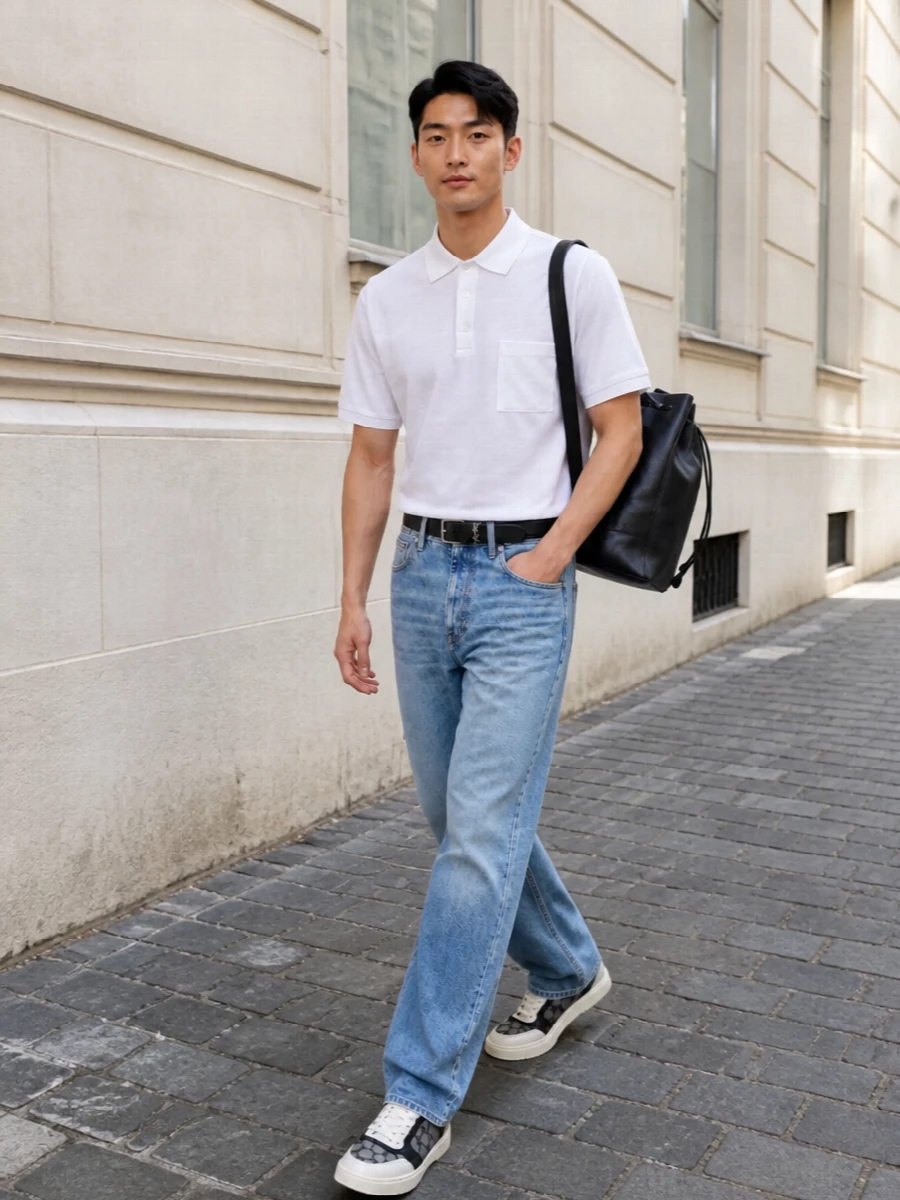 Gucci straight leg jeans white polo outfit