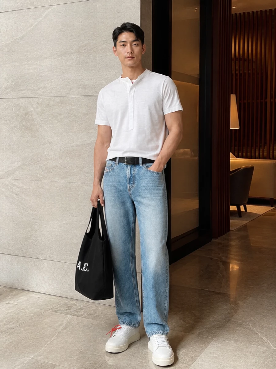 Diesel white tee light wash jeans outfit