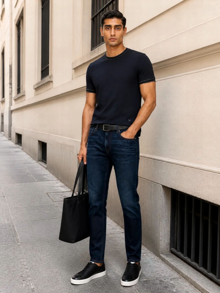 Emporio armani navy tshirt dark indigo jeans outfit