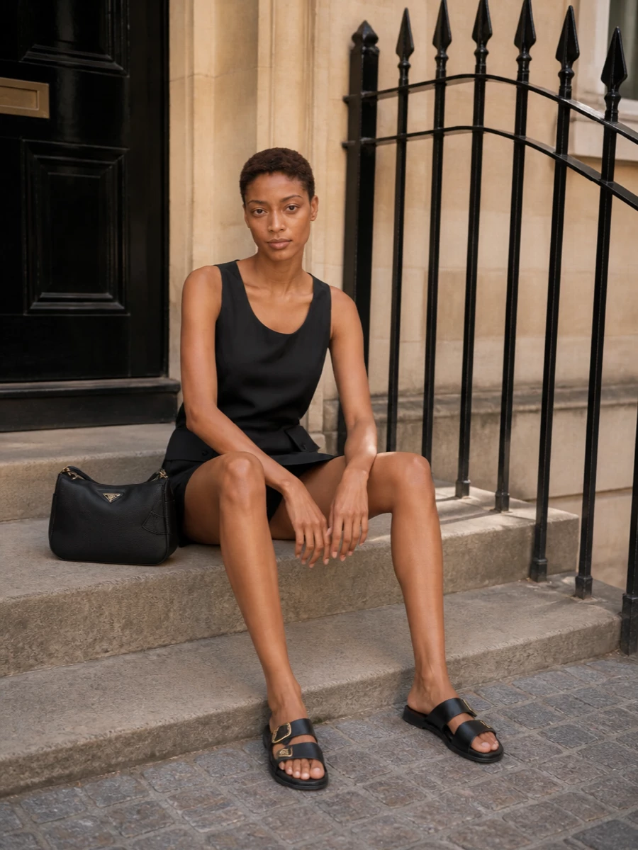 Prada nylon mini dress black flat sandals